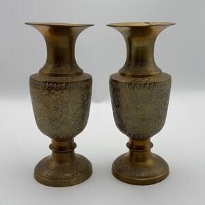 Vintage Elegant Solid Brass India Bud Vases Etched Floral Home Decor Gift